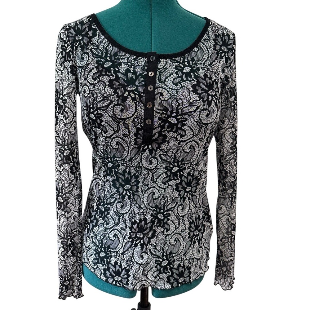 Mystree Black White Floral Lace Long Sleeve Henley Mesh Top Size S Y2K Romantic